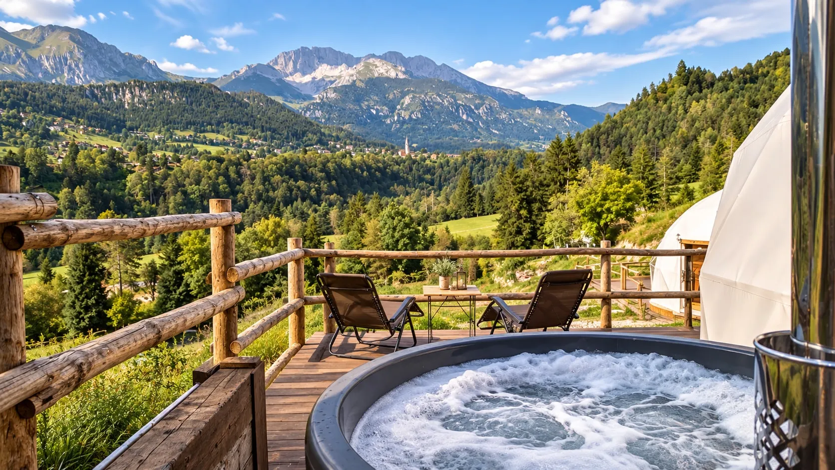 Vasca idromassaggio sulla terrazza in legno di un lodge, con due sdraio e la staccionata di pali; dietro, la valle con il paese e le montagne