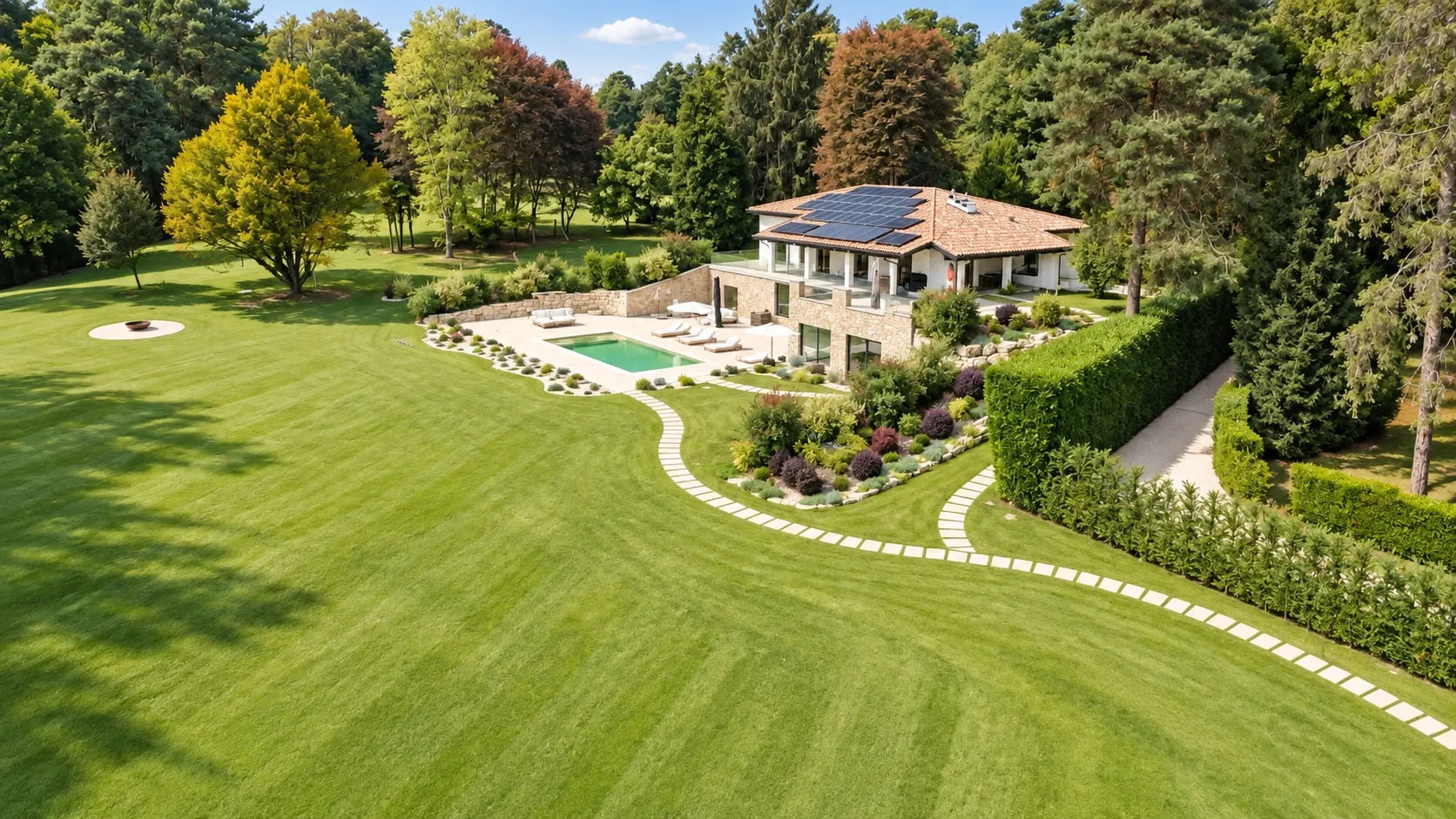 Vista dall’alto della villa tra gli alberi: tetto con pannelli solari, terrazza con piscina e aiuole, un grande prato attraversato da un sentiero di lastre che curva tra le siepi.