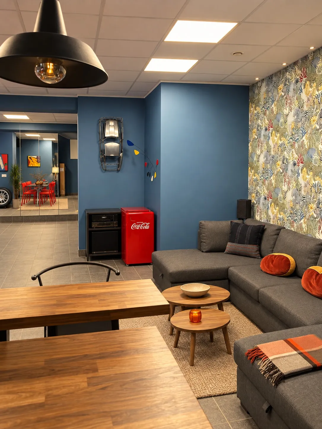 Zona living dello studio: pareti blu, carta da parati a motivi vegetali, divano angolare grigio, tavolini in legno, frigorifero rosso vintage e una scocca d’auto appesa alla parete