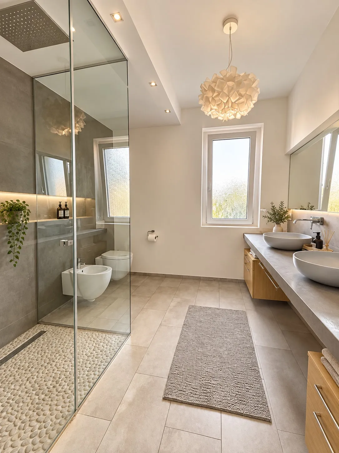Bagno con doccia in vetro a tutta altezza e piatto in ciottoli, lastre grigie con mensola illuminata, sanitari sospesi, doppio lavabo d’appoggio su top grigio e mobili in legno