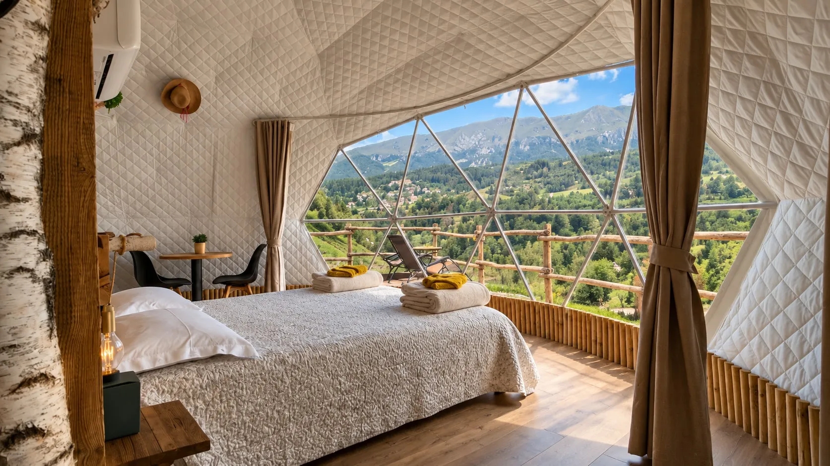 Interno di un lodge geodetico: letto matrimoniale con gli asciugamani piegati, pareti imbottite bianche, tende e la grande vetrata triangolata aperta sulla valle e sulle montagne