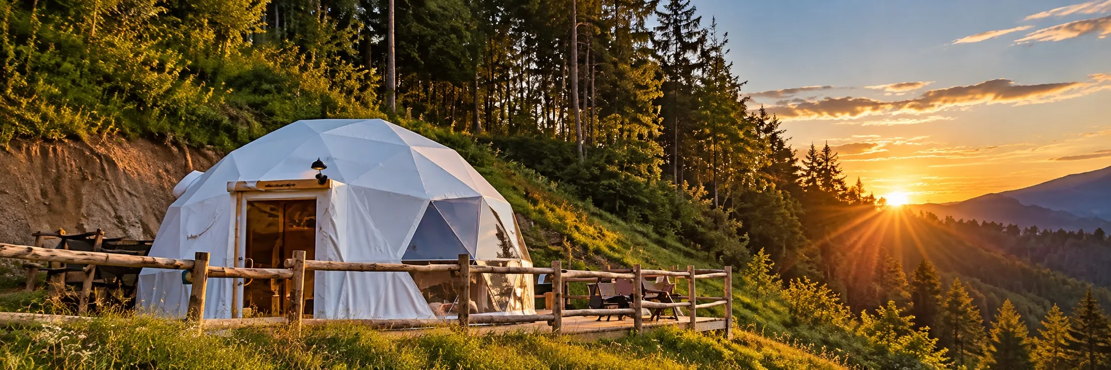 Lodge geodetico bianco con la porta in legno e la staccionata di pali, sul pendio al tramonto, con il sole basso sulle montagne