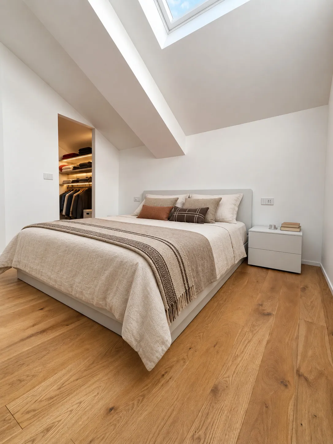 Camera da letto nel sottotetto con lucernario, cabina armadio illuminata e parquet in rovere