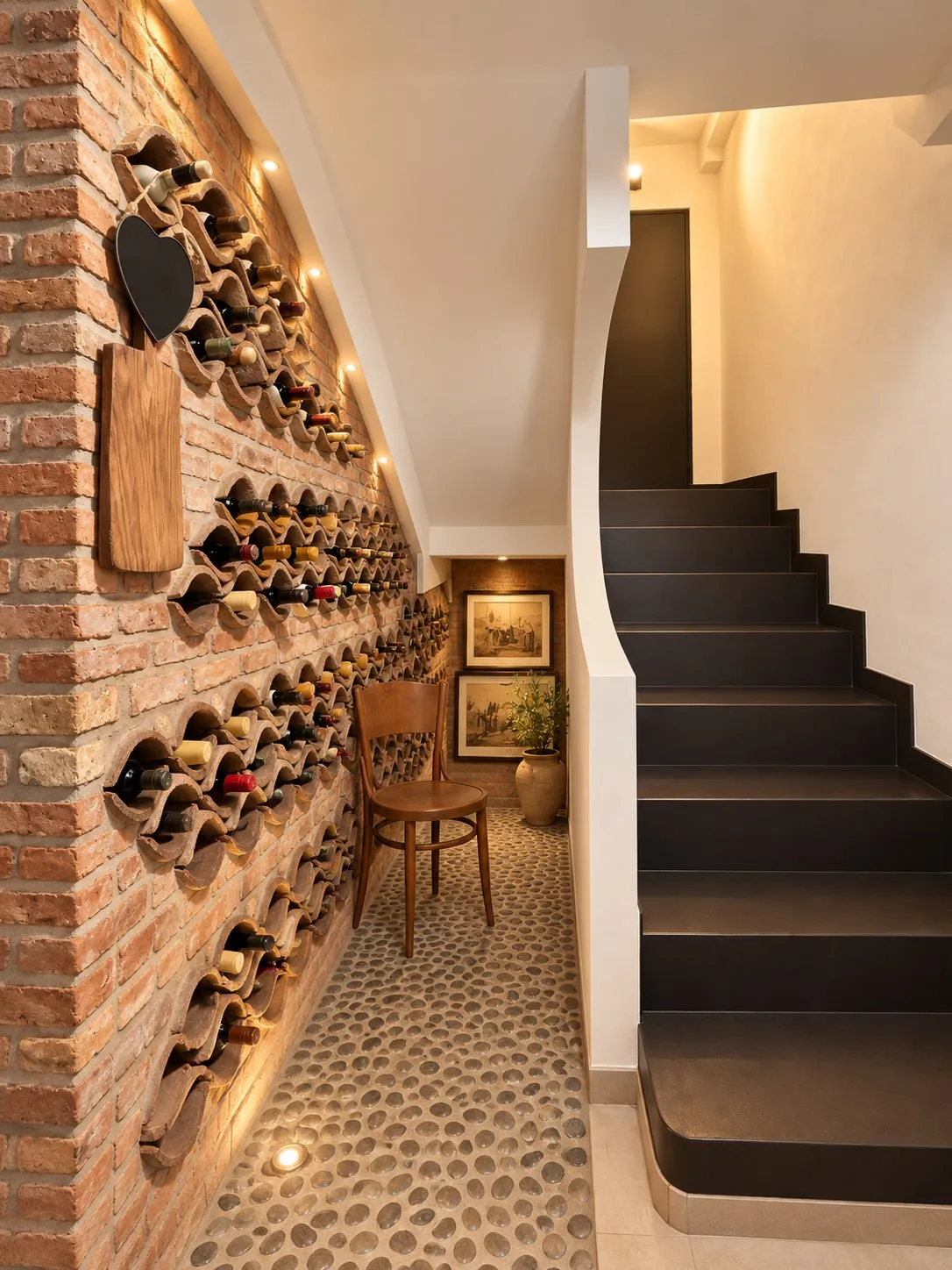 Cantina sotto la scala: parete in mattoni con portabottiglie in coppi, pavimento in ciottoli, faretti incassati e scala con gradini scuri