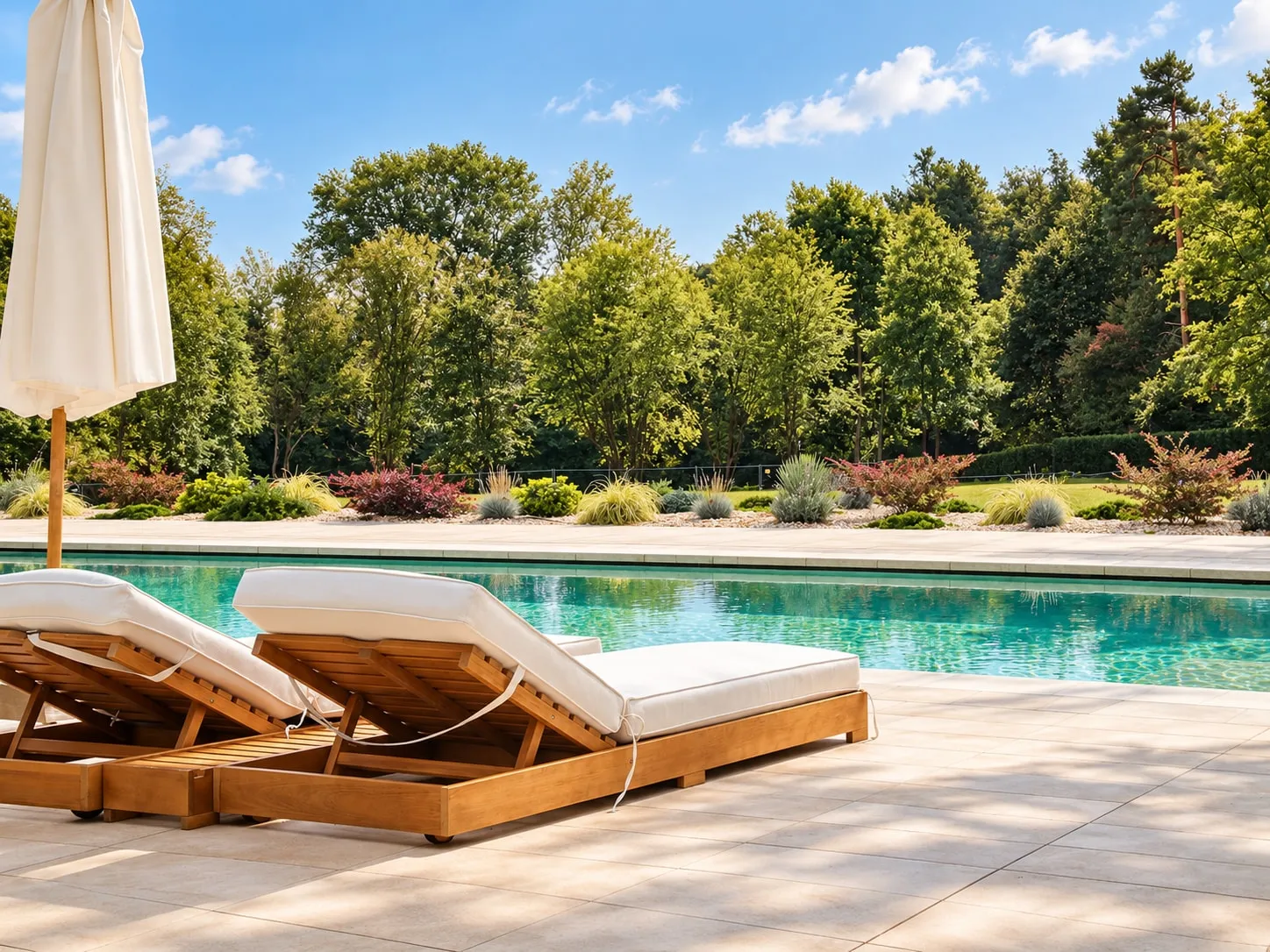 Due lettini in legno con cuscini bianchi sul bordo della piscina e un ombrellone chiuso; oltre l’acqua, un’aiuola di erbe ornamentali e un bosco sotto il cielo azzurro.