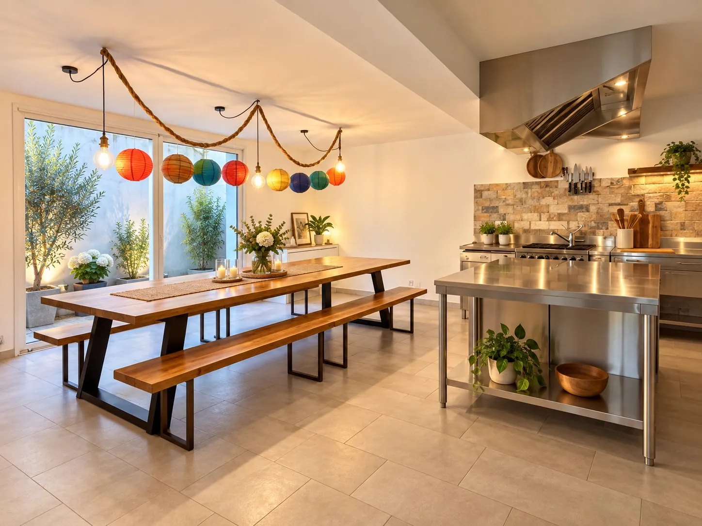 Cucina e zona pranzo verso il cortile: lungo tavolo in legno con panche, lanterne colorate appese, cucina in acciaio con cappa e rivestimento in pietra
