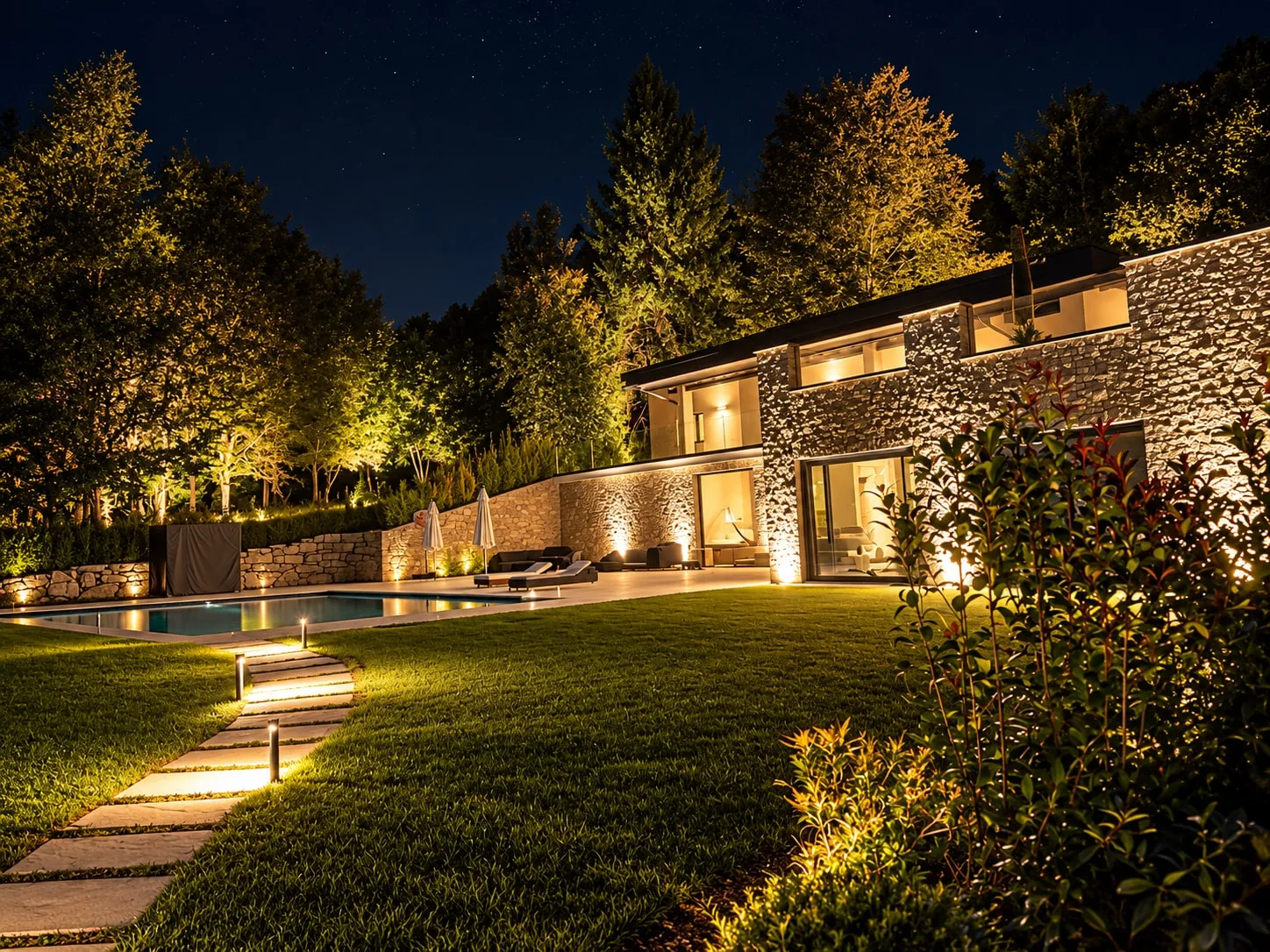 La villa di notte: un sentiero di lastre illuminato da paletti attraversa il prato verso la piscina; la facciata in pietra e gli alberi intorno sono illuminati dal basso.
