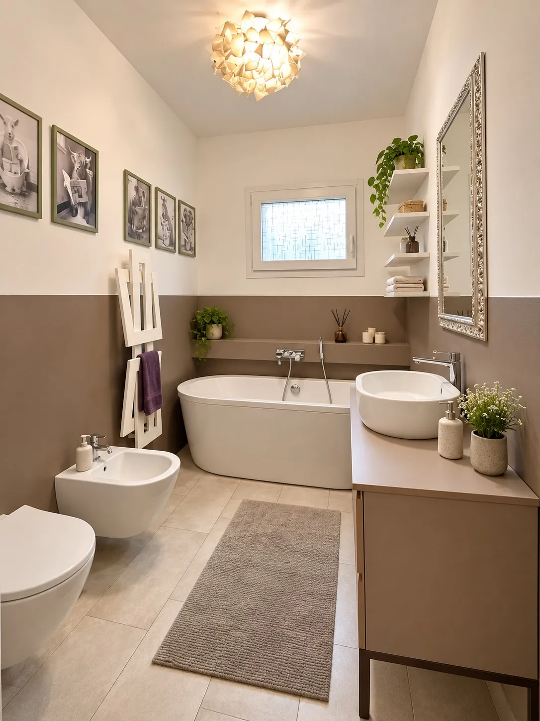 Bagno con vasca freestanding, pareti in due toni, sanitari sospesi, lavabo d’appoggio su mobile tortora e specchio con cornice
