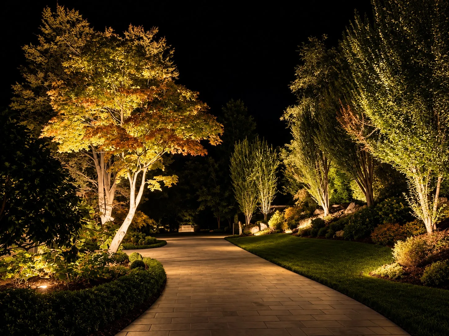 Il viale d’ingresso di notte: una pavimentazione in masselli curva tra aiuole curate, con un acero illuminato dal basso a sinistra e alberi e cespugli illuminati a destra.