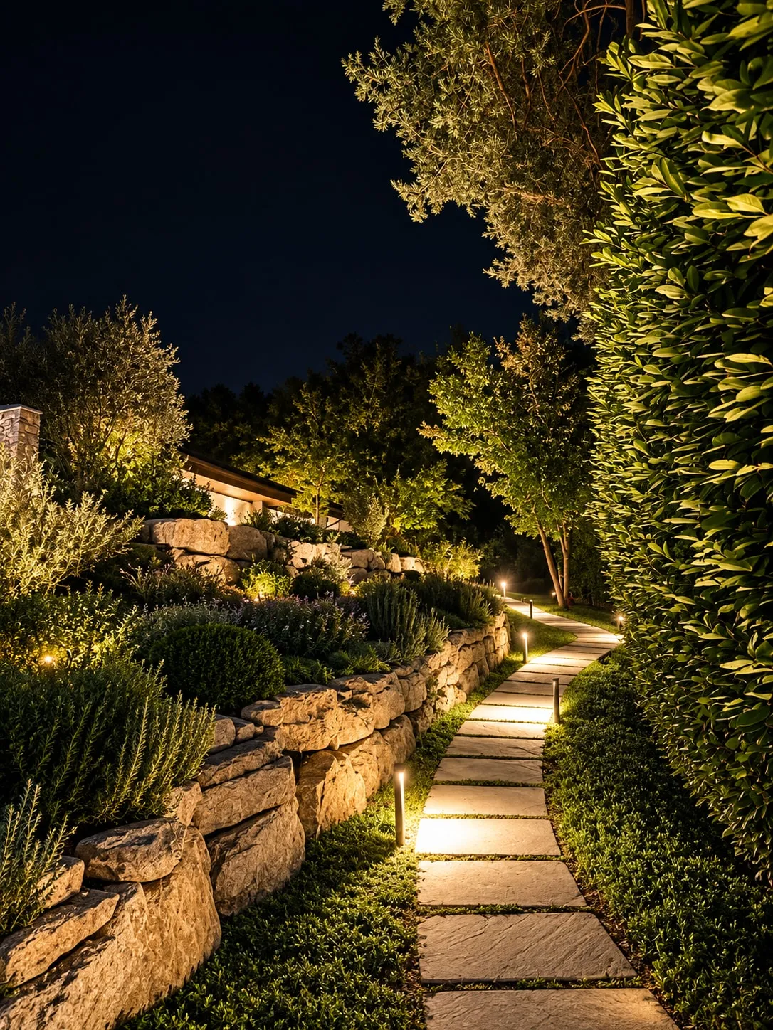 Un sentiero di lastre di pietra di notte, illuminato da paletti bassi, sale tra un muretto di massi con piante aromatiche e un’alta siepe; in fondo si intravede la casa illuminata.