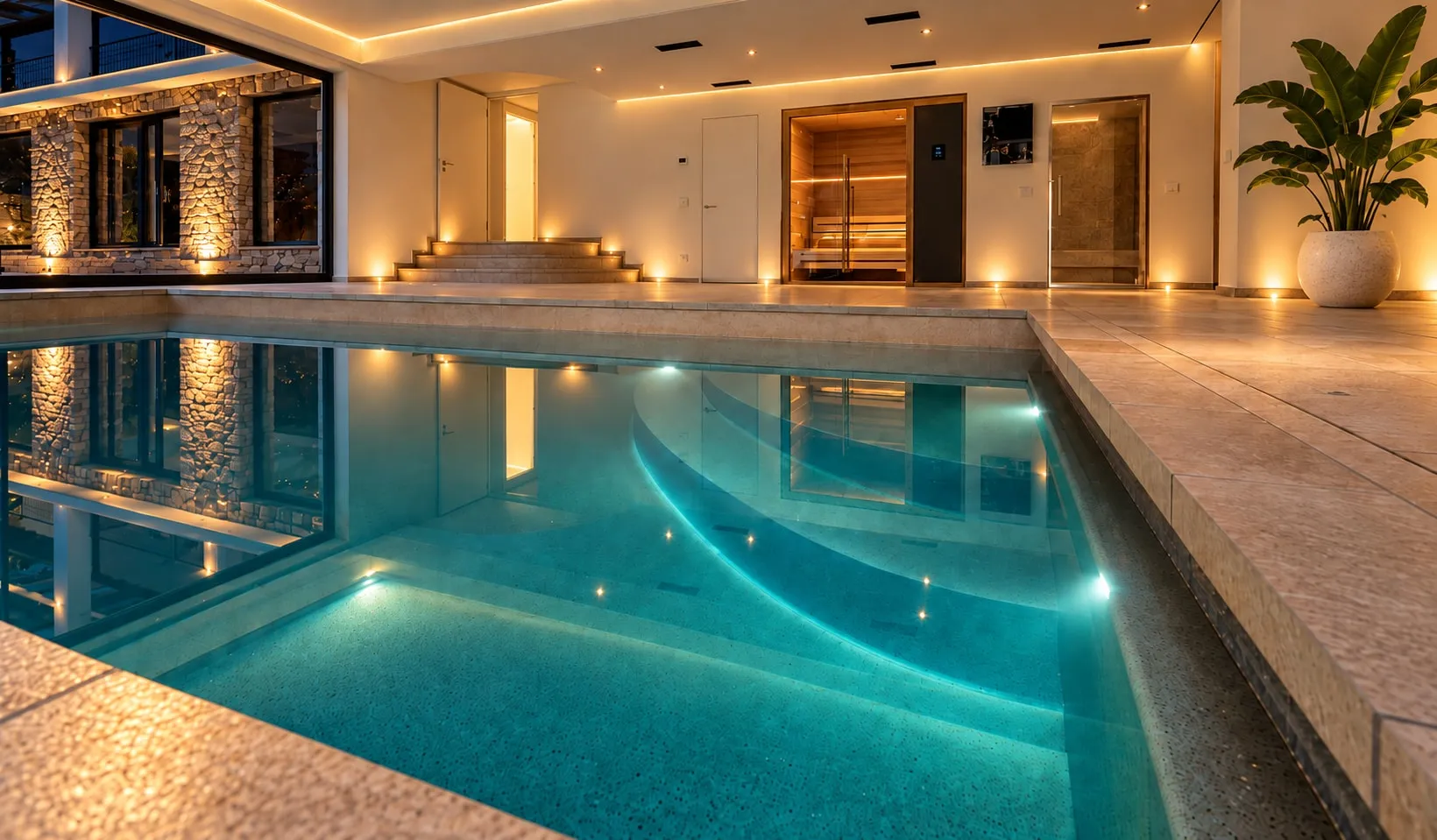 Piscina interna di sera, con l’acqua illuminata, il pavimento in pietra chiara e sul fondo la sauna con la porta in vetro.