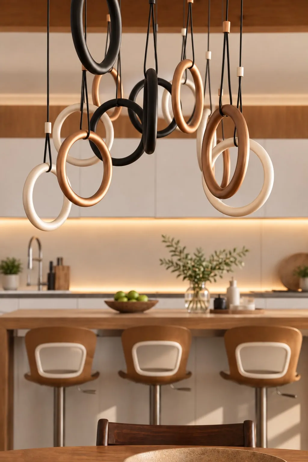 Lampada a sospensione fatta di anelli neri, color rame e bianchi; dietro, una cucina bianca con bancone in legno e tre sgabelli.