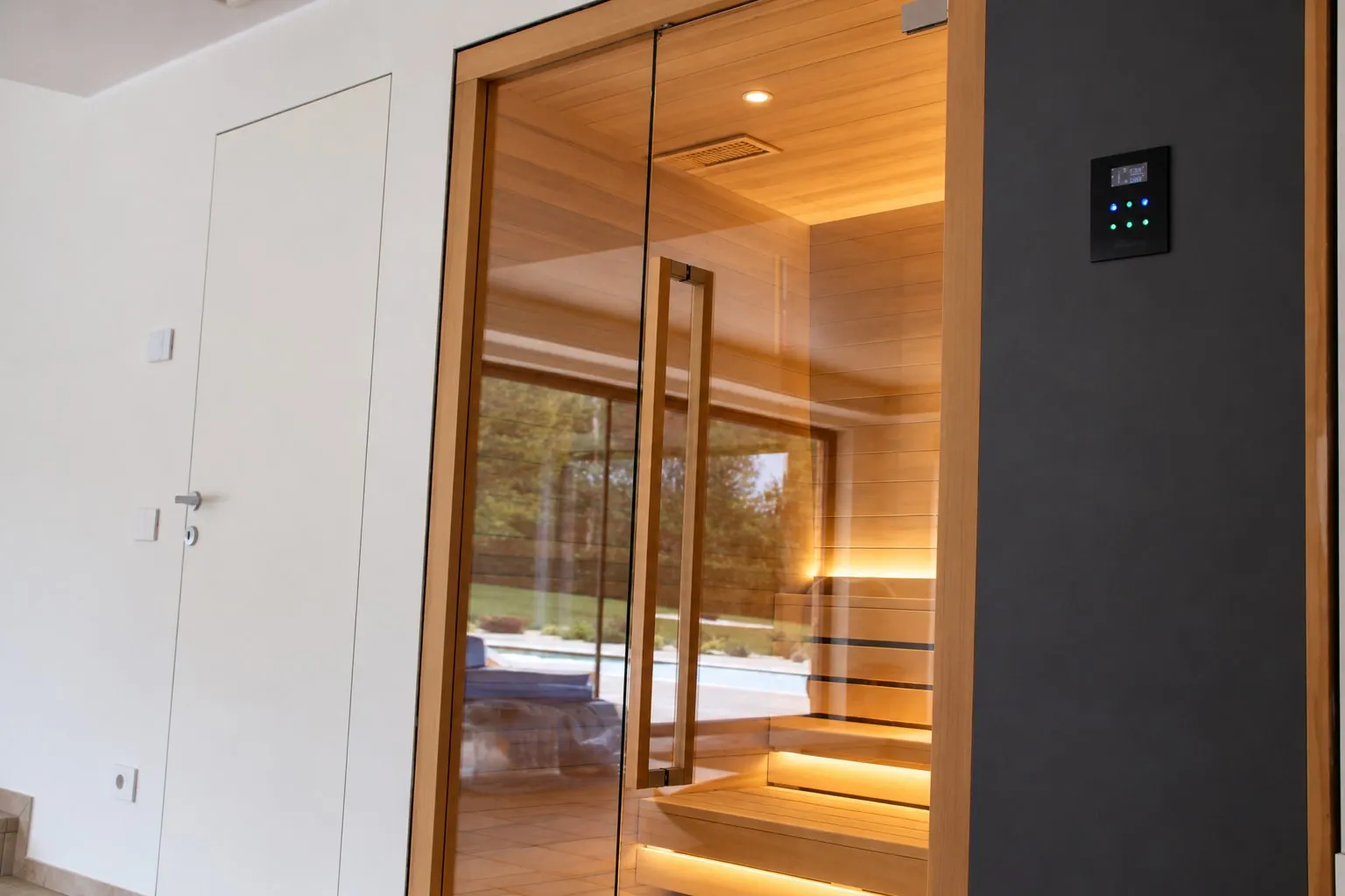 Porta in vetro della sauna con telaio in legno e pannello di comando scuro; dentro le panche illuminate, sul vetro il riflesso del giardino.