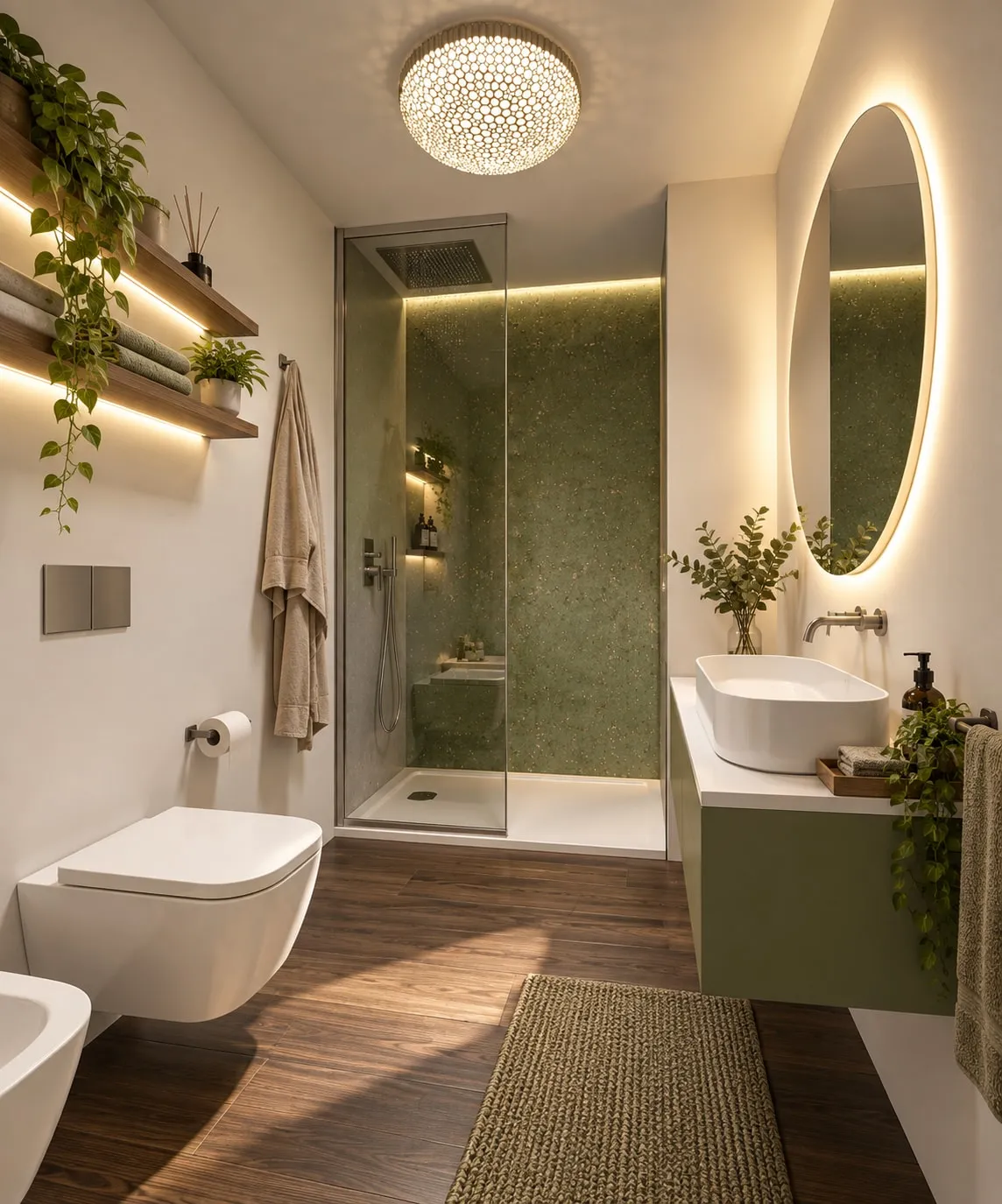 Rendering di un bagno con pavimento in legno: wc e bidet sospesi, mensole in legno illuminate con piante e asciugamani, lavabo d’appoggio su mobile verde, specchio ovale retroilluminato, plafoniera traforata e in fondo la doccia con parete verde