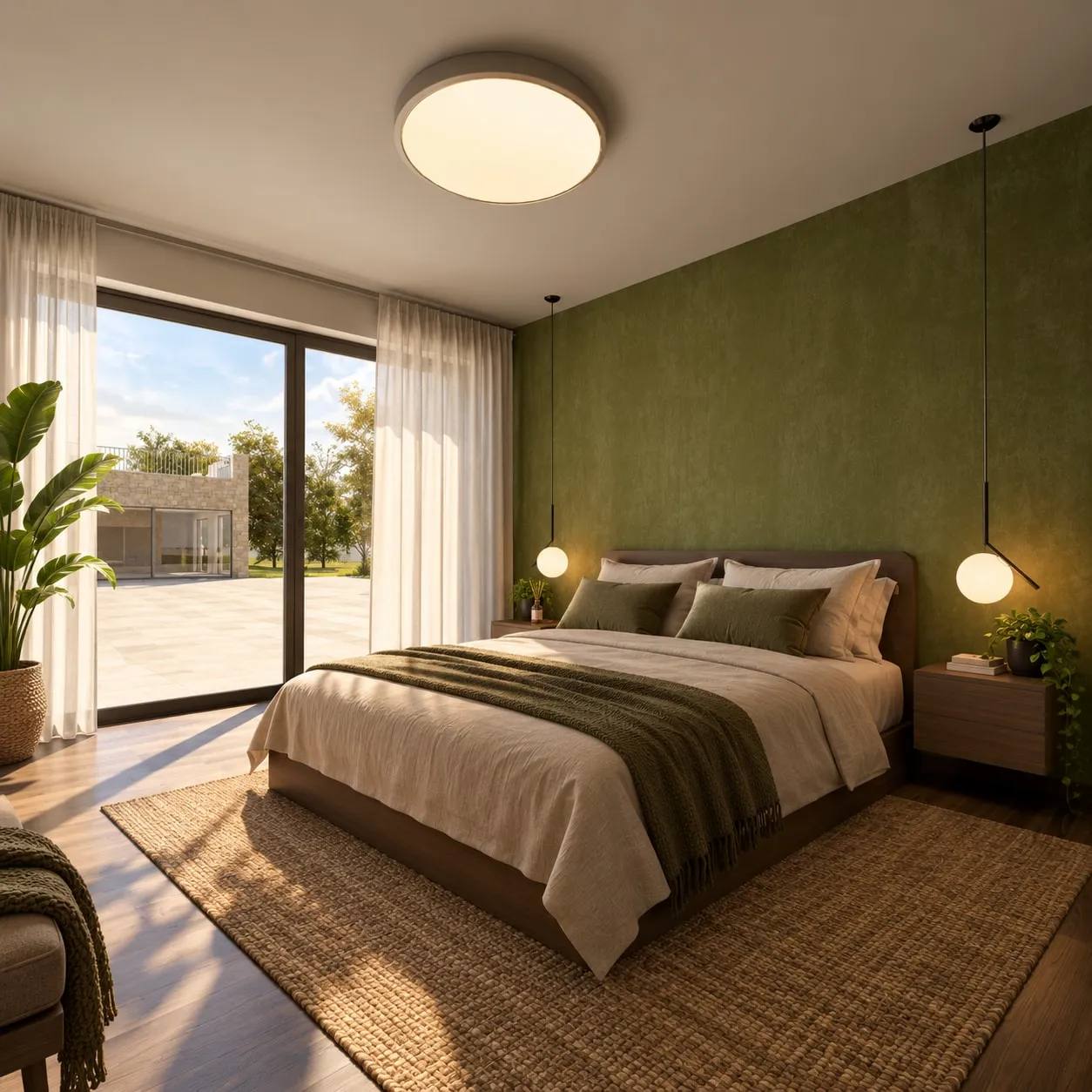 Rendering di una camera da letto con parete verde dietro il letto, due lampade a sfera sospese, comodini sospesi in legno, un tappeto in fibra naturale e una grande plafoniera tonda; a sinistra una portafinestra con tende bianche e una pianta dà sulla pavimentazione esterna e sull’ala in pietra