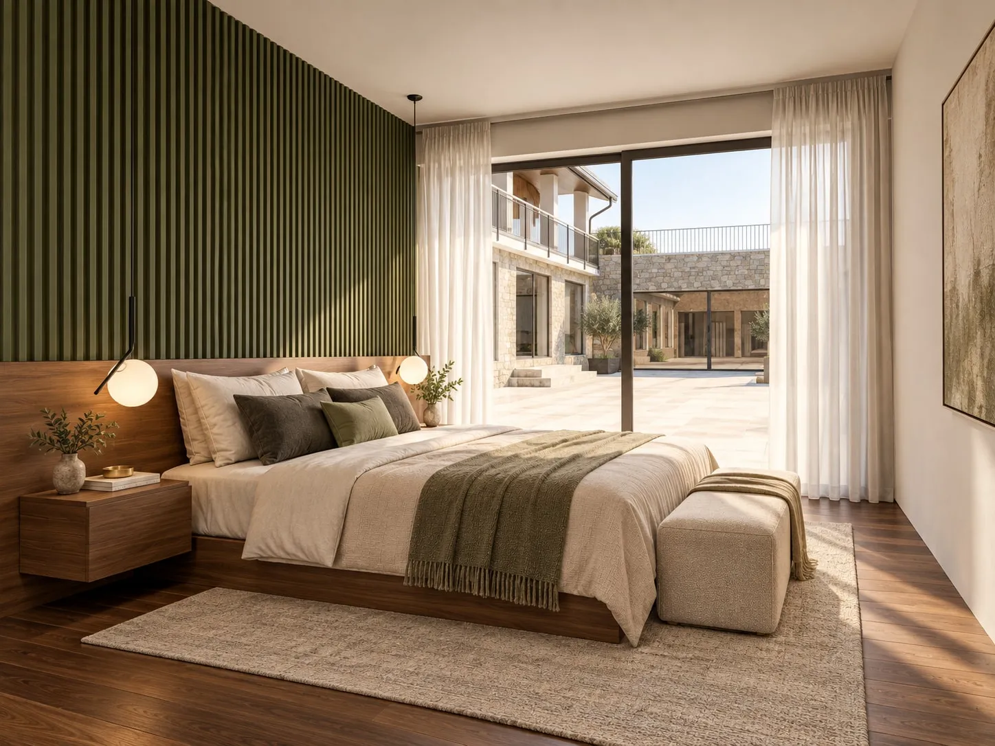 Rendering di una camera da letto con parete a listelli verdi e testiera in legno, due lampade a sfera sospese ai lati del letto, comodini sospesi, una panca imbottita e un tappeto chiaro; in fondo una portafinestra con tende bianche dà sul cortile pavimentato e sulla casa con il balcone e il basamento in pietra