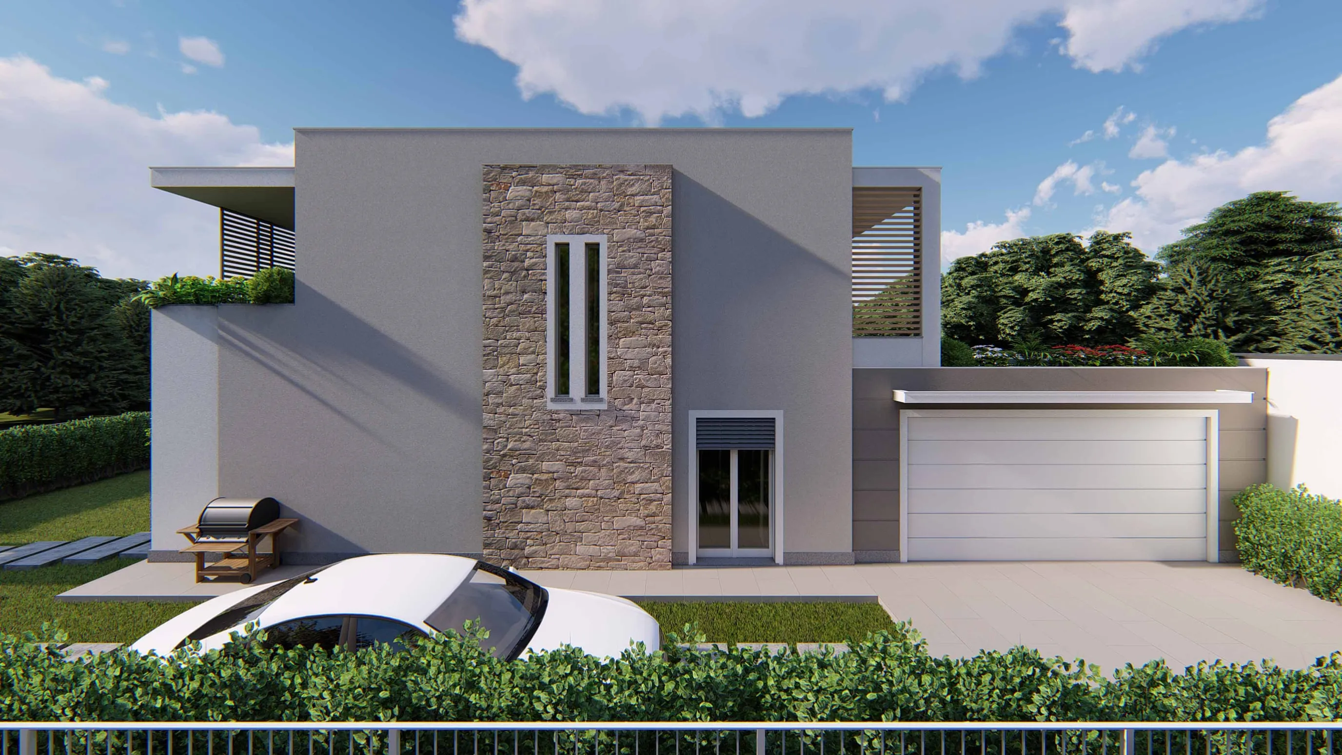 Rendering del fronte di una villa: parete grigia con una fascia rivestita in pietra e una finestra alta e stretta, una portafinestra, il portone bianco del box sul lato destro e un barbecue sul marciapiede; in primo piano una siepe e un’auto