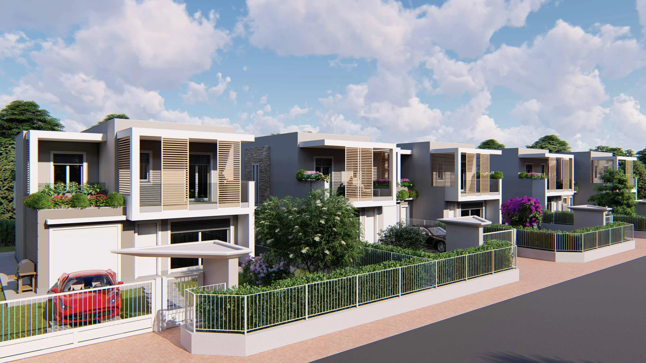 Rendering di scorcio delle ville lungo la strada: logge bianche con frangisole color legno e fioriere, box al piano terra, ingressi con pensilina, recinzioni con siepi e arbusti fioriti