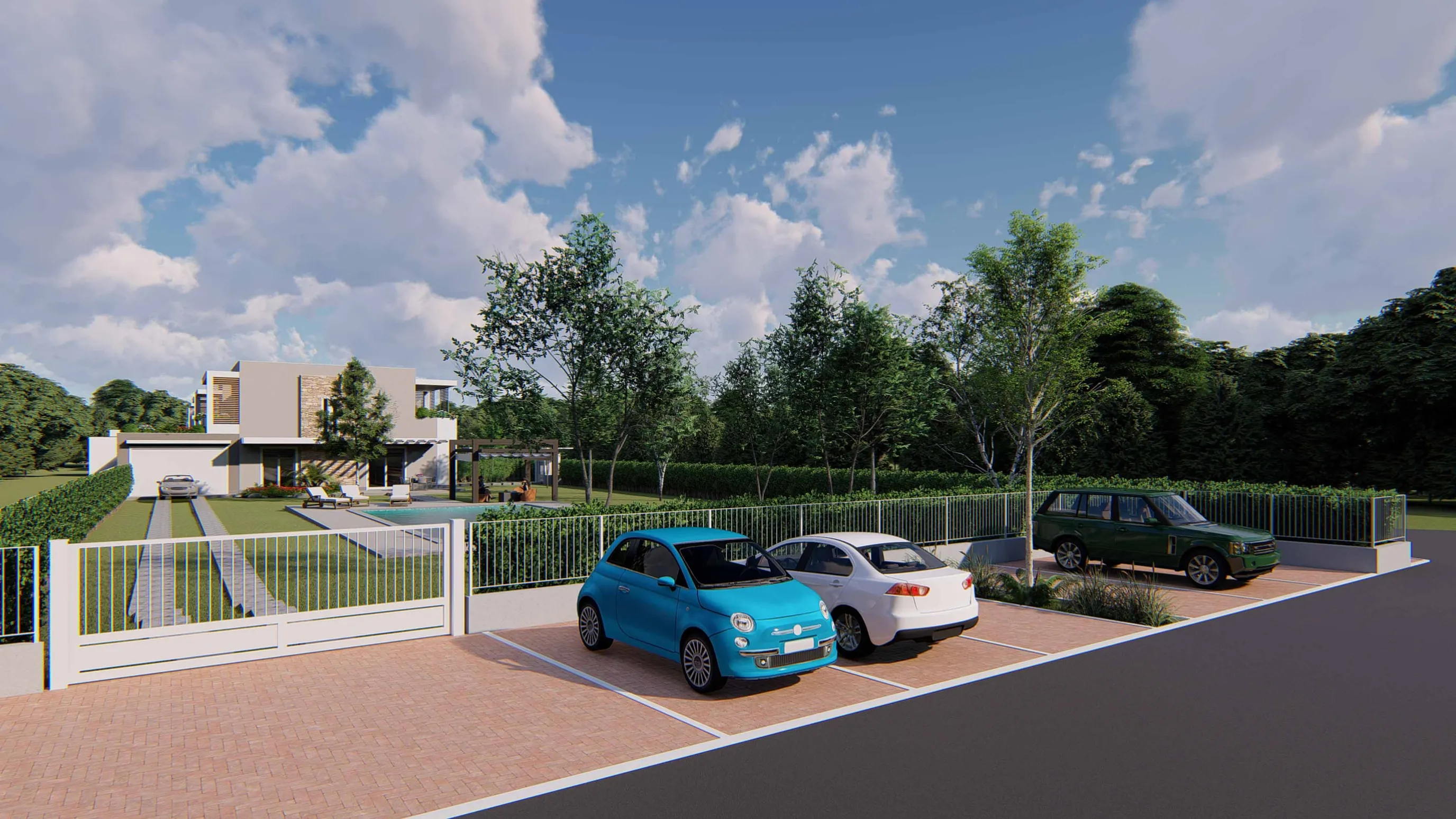 Rendering dell’ingresso dalla strada: cancello carraio bianco, posti auto pavimentati in mattoncini con tre auto e, oltre la recinzione, il giardino con la piscina e la villa