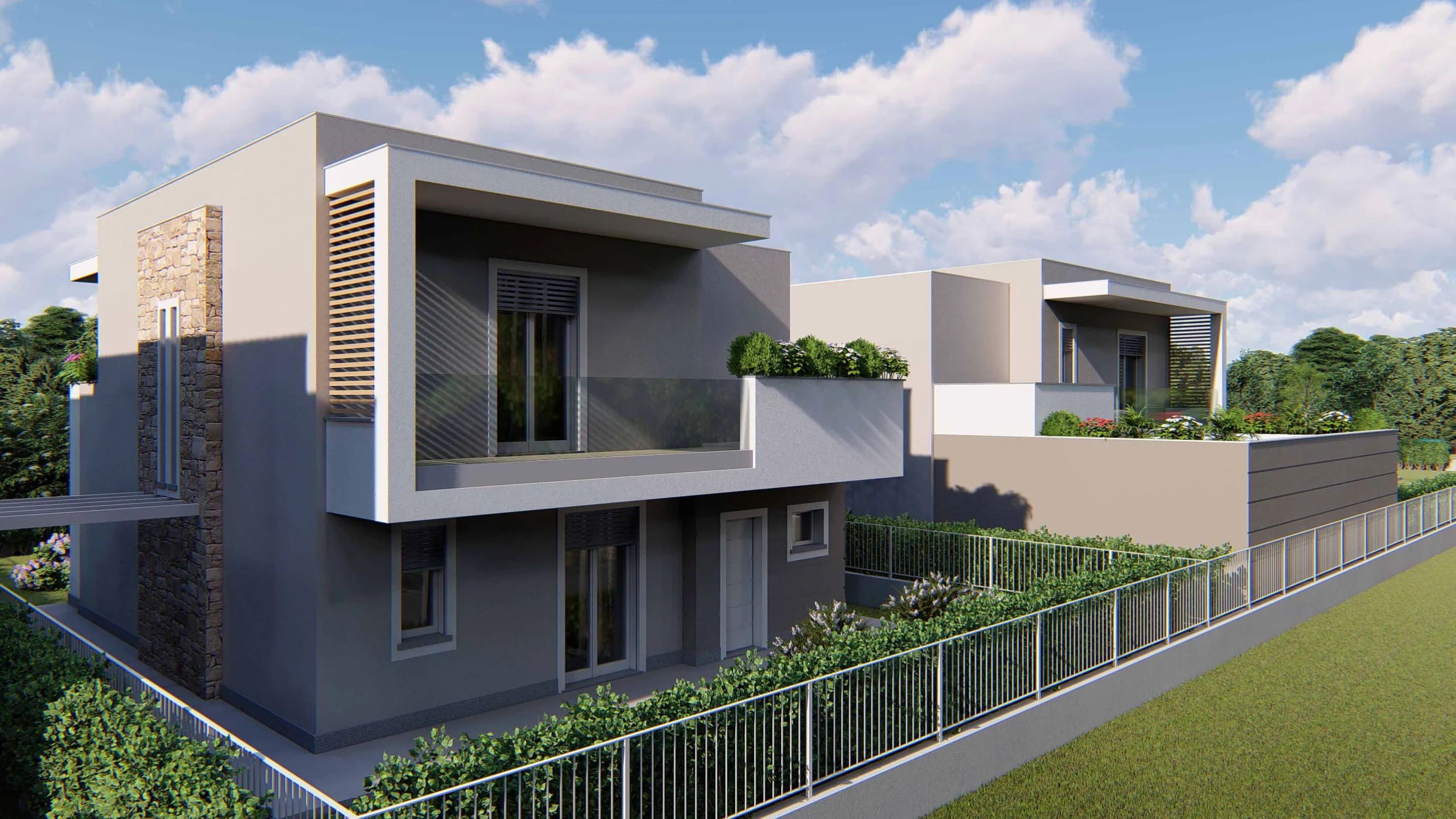 Rendering di scorcio di una villa dal prato: fascia in pietra sullo spigolo, loggia al piano superiore con parapetto in vetro e frangisole a lamelle, fioriera sul terrazzo; dietro, una seconda villa e la recinzione con siepe