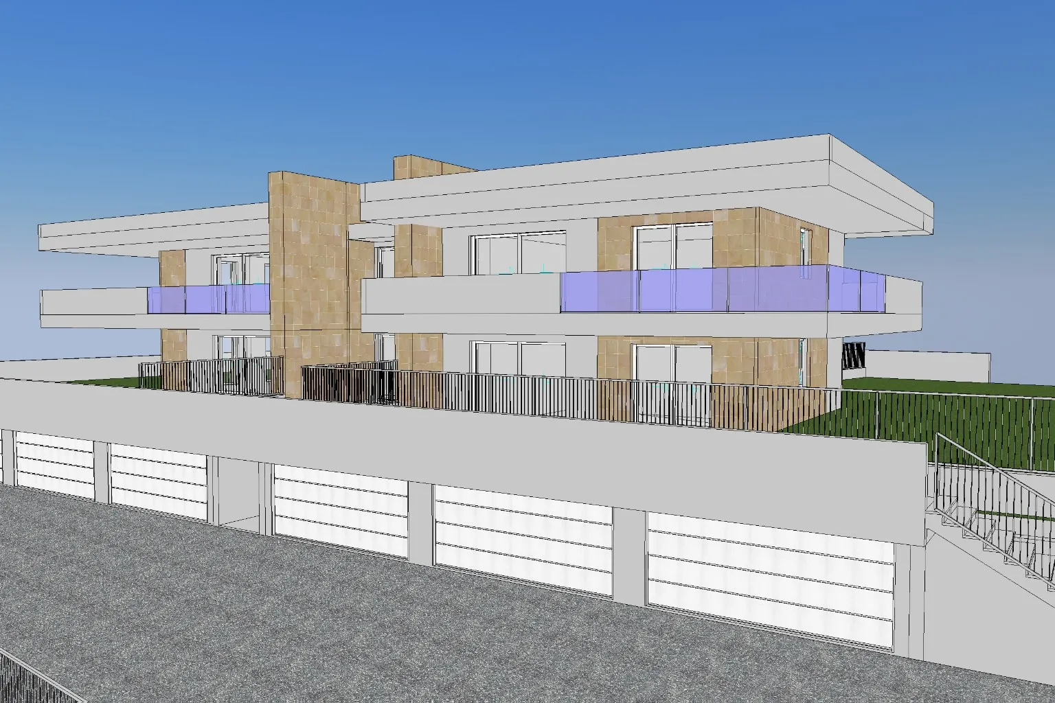 Vista del modello BIM: l’edificio visto dal piazzale dei box