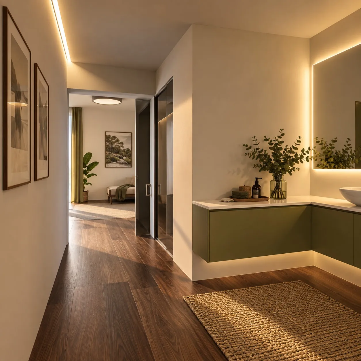 Rendering di un passaggio con parquet e luce lineare a soffitto: a sinistra due quadri, a destra un mobile ad angolo verde con piano bianco, lavabo d’appoggio, piante e specchio retroilluminato, a terra un tappeto; in fondo, accanto a una porta in vetro scuro, un’apertura su una camera