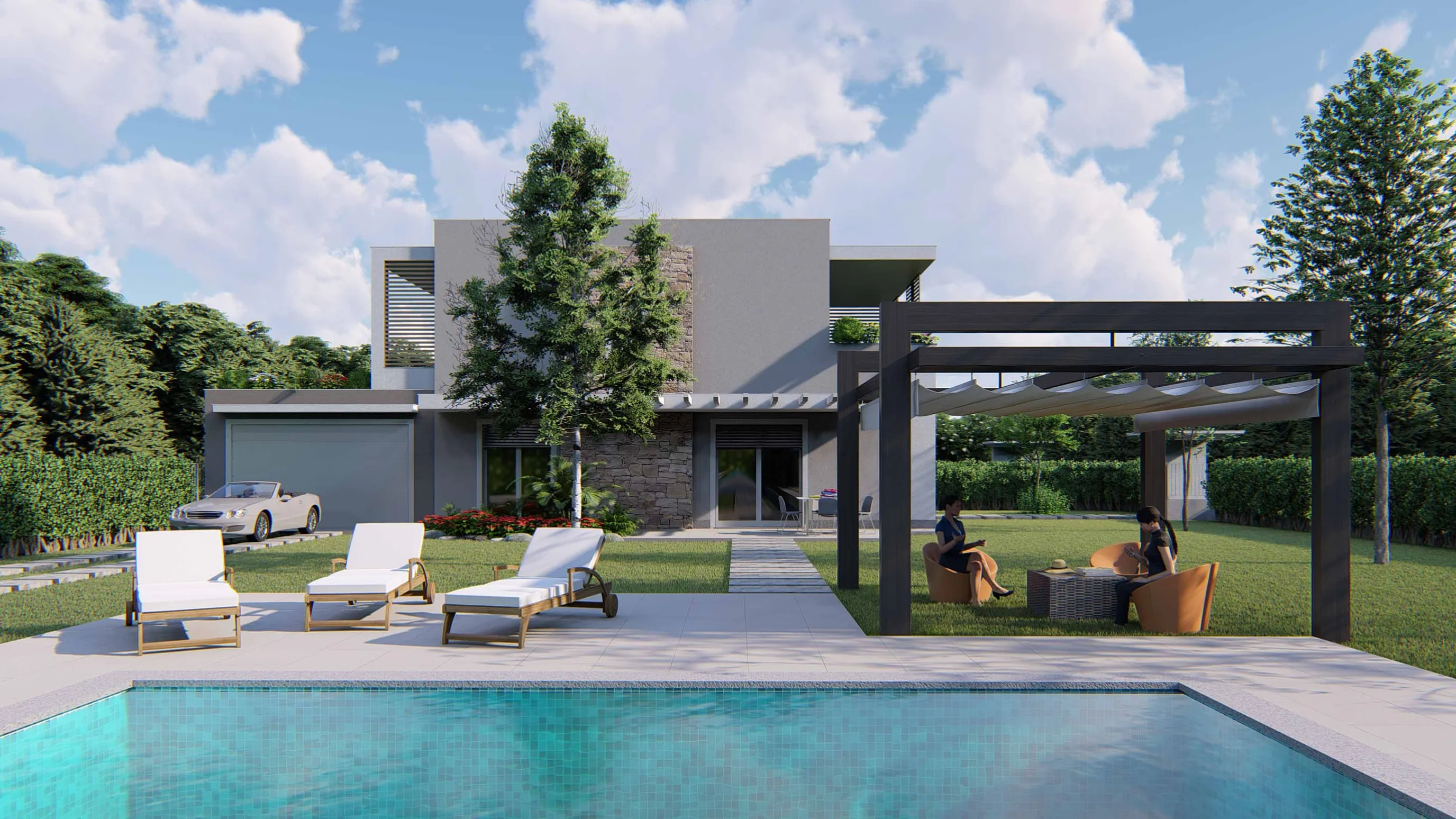 Rendering del giardino di una villa: piscina con lettini in legno, una pergola scura con tenda e poltrone, un vialetto verso l’ingresso vetrato, la facciata con fascia in pietra e il box a lato; intorno siepi e alberi