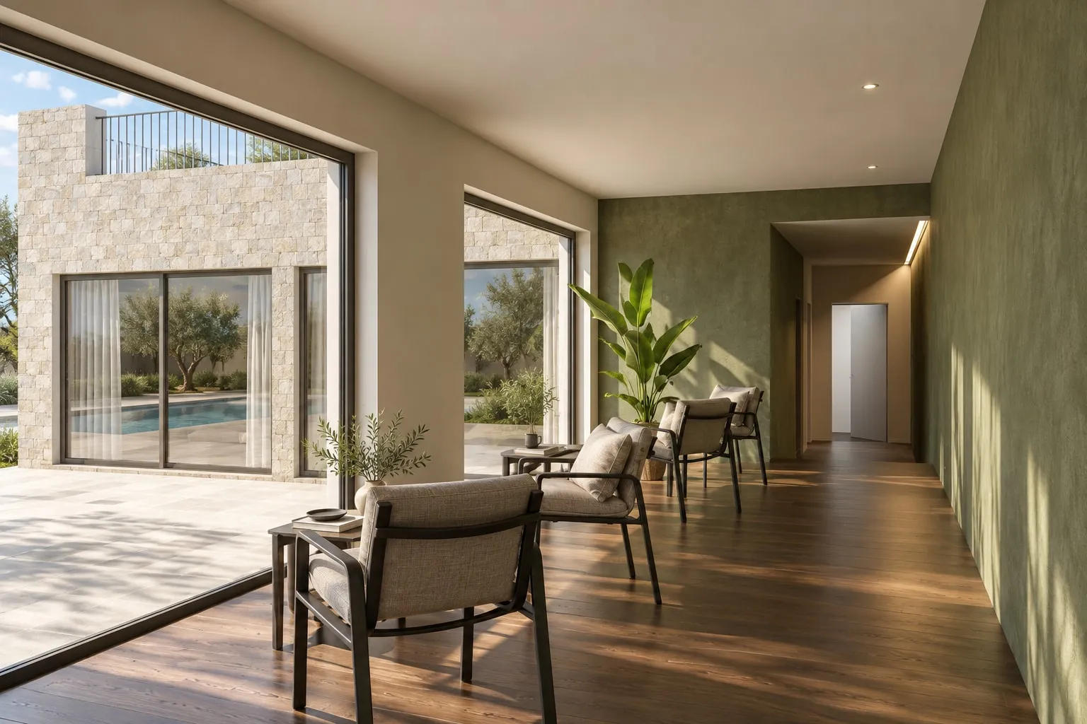 Rendering di uno spazio interno lungo, con parquet e parete verde a destra: poltroncine in fila con tavolini e una pianta in vaso; a sinistra due grandi vetrate danno sulla pavimentazione esterna e sull’ala rivestita in pietra, con vetrata scorrevole e terrazzo, e oltre si vedono la piscina e gli ulivi; in fondo un corridoio con luce lineare