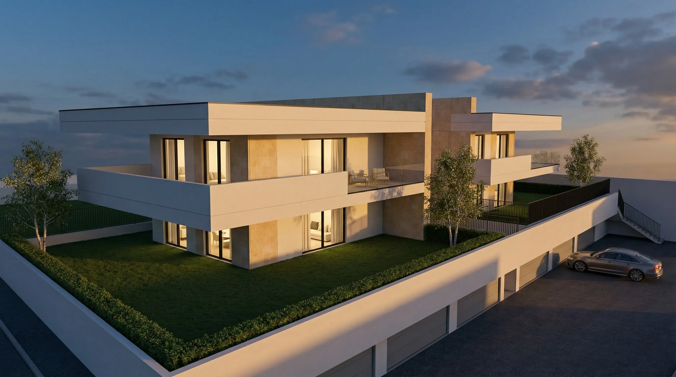Rendering dall’alto: l’edificio a due piani con coperture piane sporgenti e rivestimenti in pietra chiara, il giardino recintato da siepi, i terrazzi del piano primo e la fila dei box sul piazzale