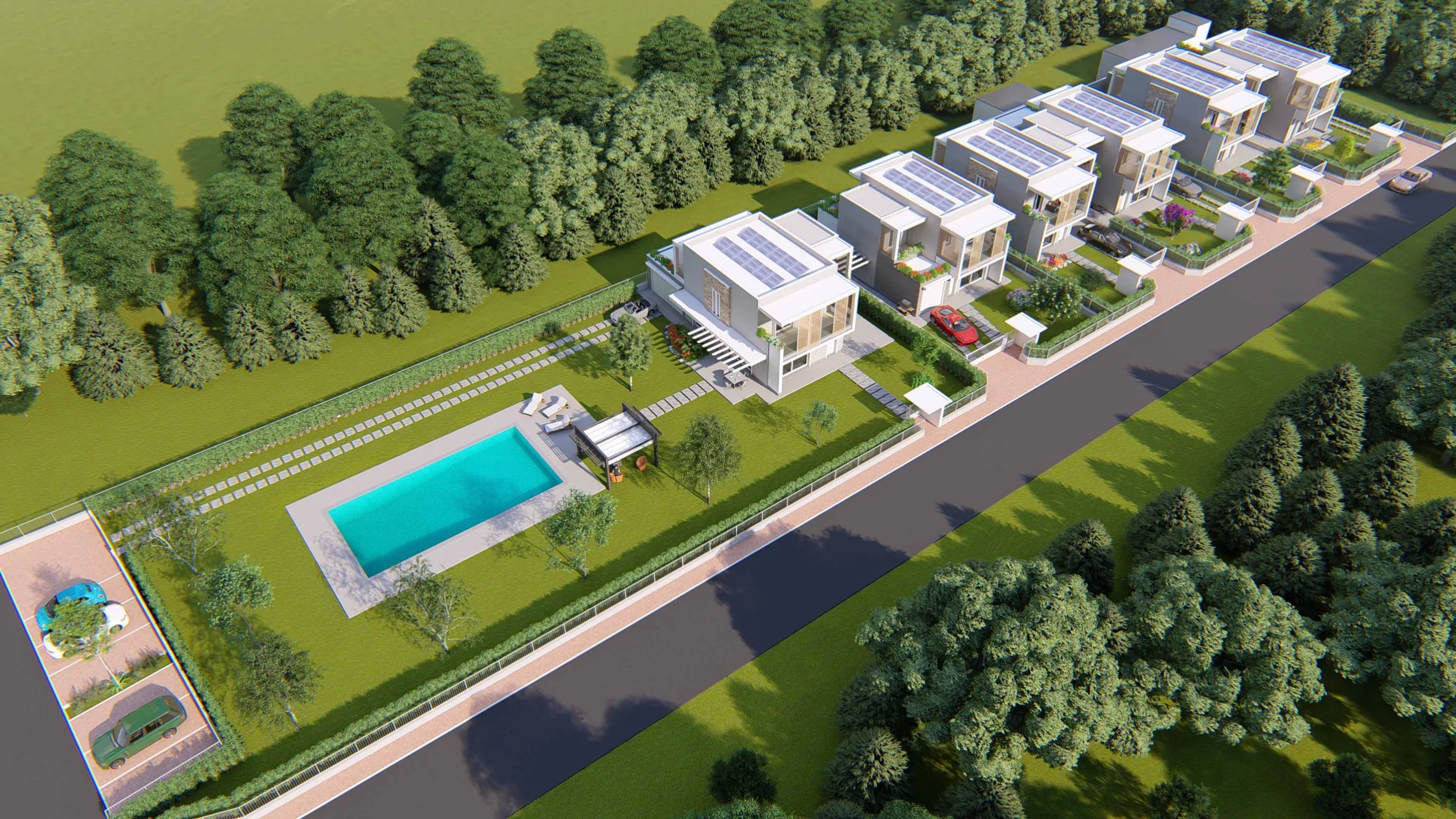 Rendering a volo d’uccello del complesso: le ville in fila lungo la strada, con coperture piane e pannelli solari e giardini recintati da siepi; in primo piano la villa con il lotto più ampio, la piscina, una pergola e un vialetto a lastre nel prato, in basso a sinistra un parcheggio; intorno alberi e campi